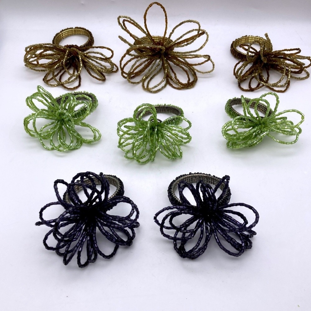 Set Of 8 VTG Pier One Shimmer Beaded Floral Napkin Rings Mismatched Jewel Tones
